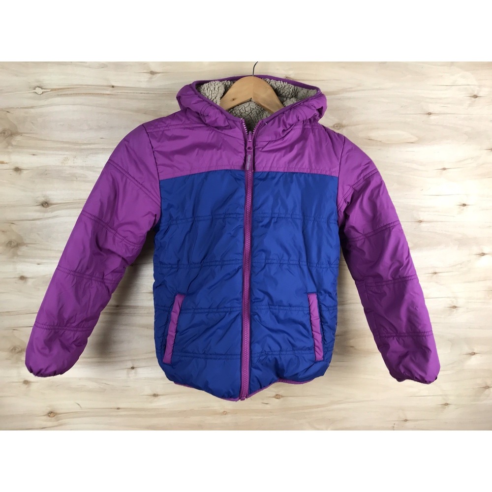 Eddie Bauer Kids Puffer Jacket Sherpa Reversible Pink Blue Winter Coat XS 5/6